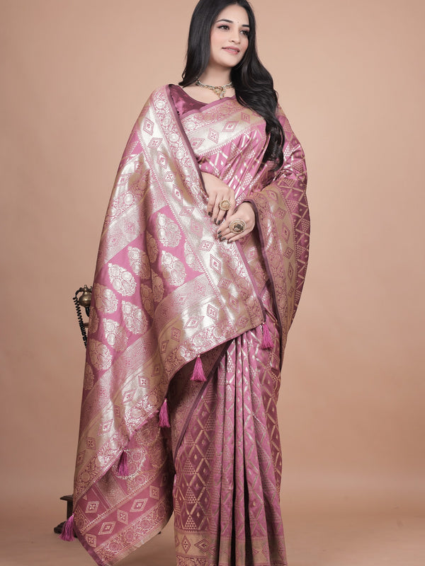 Elegant Pink Silk Saree with Silver Zari Work - Traditional Handwoven Indian Sari for Weddings, Festive Occasions & Parties