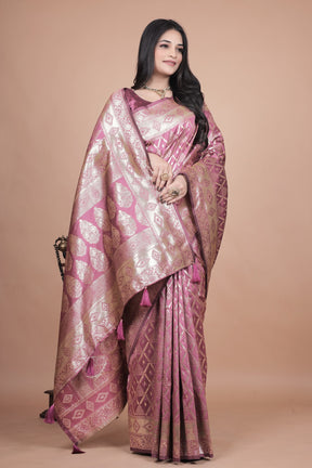 Elegant Pink Silk Saree with Silver Zari Work - Traditional Handwoven Indian Sari for Weddings, Festive Occasions & Parties