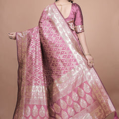 Elegant Pink Silk Saree with Silver Zari Work - Traditional Handwoven Indian Sari for Weddings, Festive Occasions & Parties