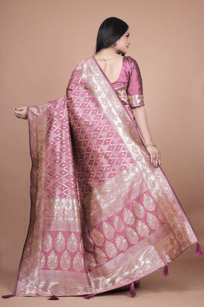 Elegant Pink Silk Saree with Silver Zari Work - Traditional Handwoven Indian Sari for Weddings, Festive Occasions & Parties