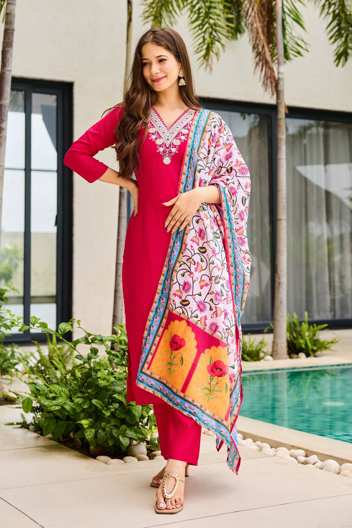 Rani Pink Embroidered Kurta Set with Printed Dupatta