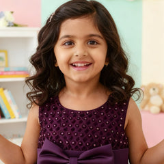Girls Premium Purple Layered Party Dress with Big Bow & Embellished Bodice