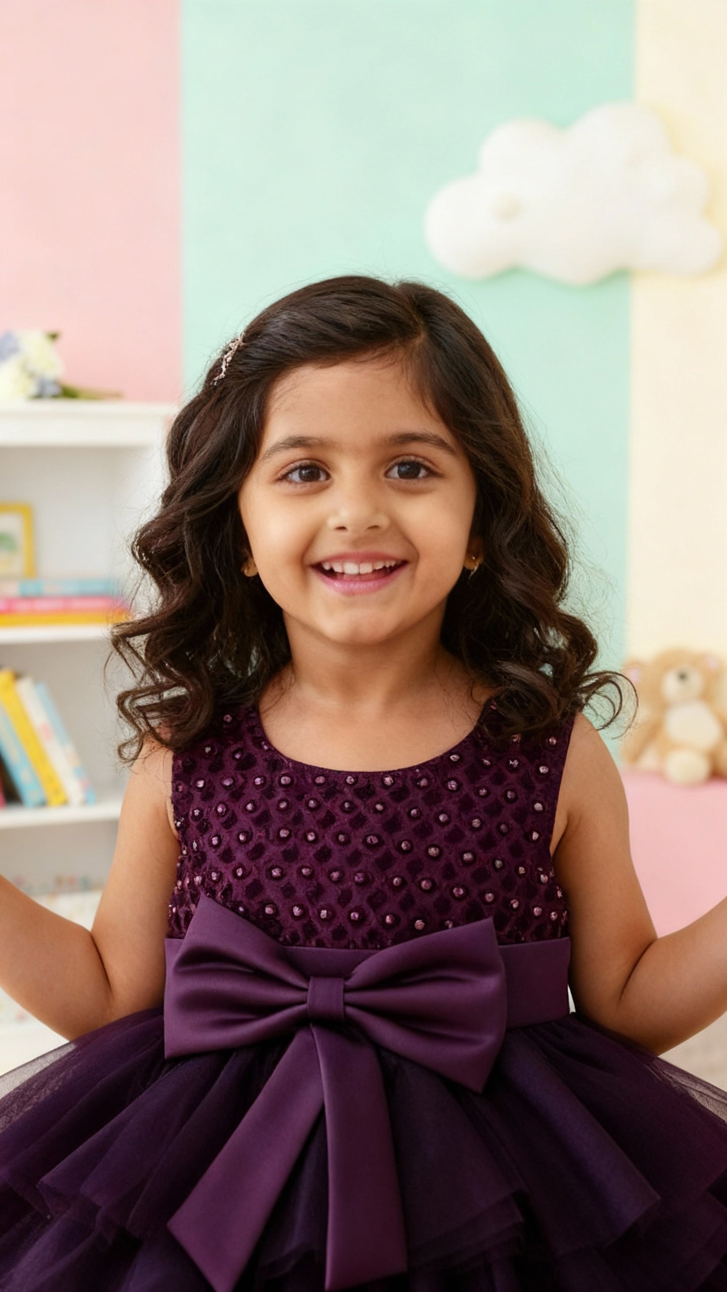 Girls Premium Purple Layered Party Dress with Big Bow & Embellished Bodice