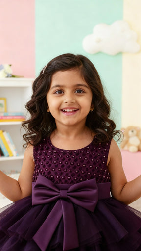 Girls Premium Purple Layered Party Dress with Big Bow & Embellished Bodice