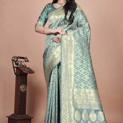 Elegant Green Silk Saree with Silver Zari Work - Handwoven Indian Sari for Weddings, Festivals & Special Occasions