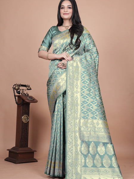 Elegant Green Silk Saree with Silver Zari Work - Handwoven Indian Sari for Weddings, Festivals & Special Occasions