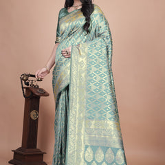 Elegant Green Silk Saree with Silver Zari Work - Handwoven Indian Sari for Weddings, Festivals & Special Occasions