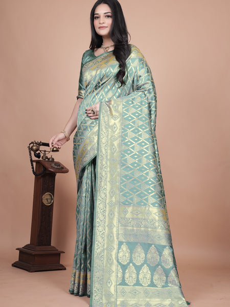 Elegant Green Silk Saree with Silver Zari Work - Handwoven Indian Sari for Weddings, Festivals & Special Occasions
