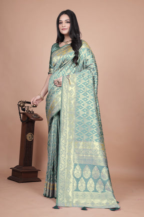 Elegant Green Silk Saree with Silver Zari Work - Handwoven Indian Sari for Weddings, Festivals & Special Occasions