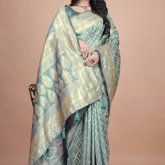 Elegant Green Silk Saree with Silver Zari Work - Handwoven Indian Sari for Weddings, Festivals & Special Occasions