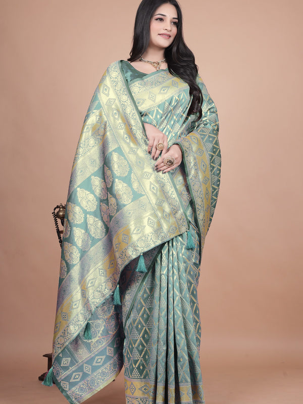 Elegant Green Silk Saree with Silver Zari Work - Handwoven Indian Sari for Weddings, Festivals & Special Occasions