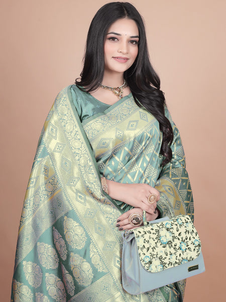 Elegant Green Silk Saree with Silver Zari Work - Handwoven Indian Sari for Weddings, Festivals & Special Occasions