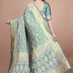 Elegant Green Silk Saree with Silver Zari Work - Handwoven Indian Sari for Weddings, Festivals & Special Occasions