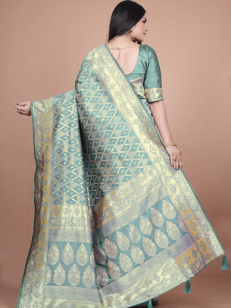 Elegant Green Silk Saree with Silver Zari Work - Handwoven Indian Sari for Weddings, Festivals & Special Occasions