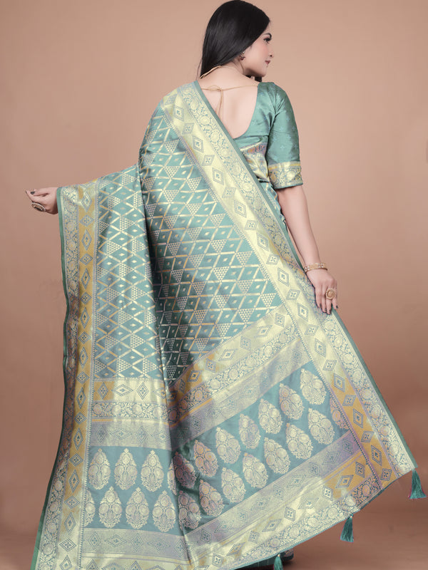 Elegant Green Silk Saree with Silver Zari Work - Handwoven Indian Sari for Weddings, Festivals & Special Occasions