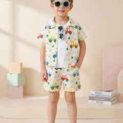 Boys Multi-Color Car Print Co-Ord Set – Cotton Shirt & Shorts Summer Outfit for Kids