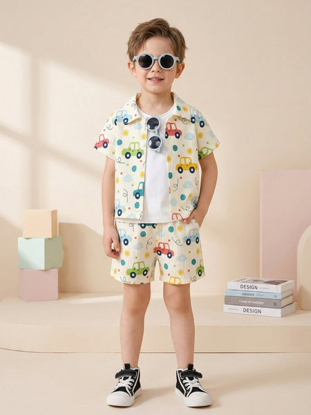 Boys Multi-Color Car Print Co-Ord Set – Cotton Shirt & Shorts Summer Outfit for Kids