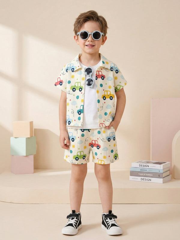 Boys Multi-Color Car Print Co-Ord Set – Cotton Shirt & Shorts Summer Outfit for Kids