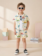 Boys Multi-Color Car Print Co-Ord Set – Cotton Shirt & Shorts Summer Outfit for Kids