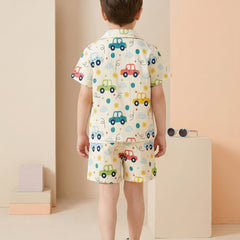 Boys Multi-Color Car Print Co-Ord Set – Cotton Shirt & Shorts Summer Outfit for Kids
