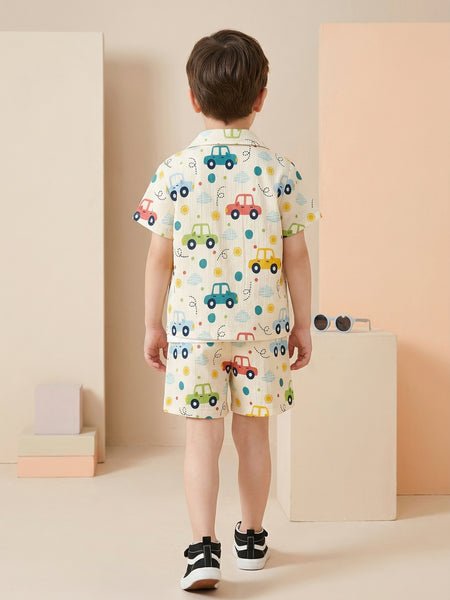 Boys Multi-Color Car Print Co-Ord Set – Cotton Shirt & Shorts Summer Outfit for Kids