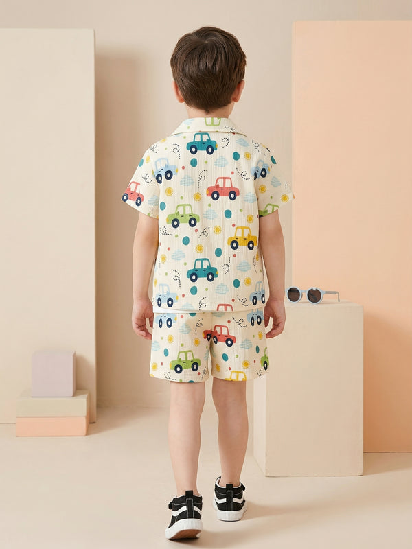 Boys Multi-Color Car Print Co-Ord Set – Cotton Shirt & Shorts Summer Outfit for Kids