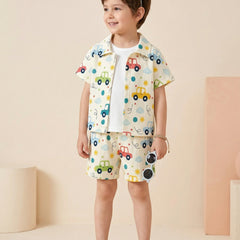 Boys Multi-Color Car Print Co-Ord Set – Cotton Shirt & Shorts Summer Outfit for Kids