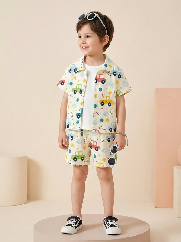 Boys Multi-Color Car Print Co-Ord Set – Cotton Shirt & Shorts Summer Outfit for Kids