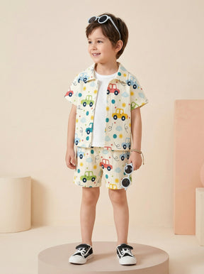 Boys Multi-Color Car Print Co-Ord Set – Cotton Shirt & Shorts Summer Outfit for Kids