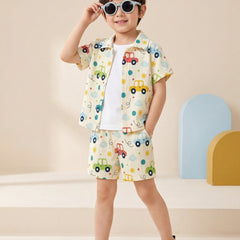 Boys Multi-Color Car Print Co-Ord Set – Cotton Shirt & Shorts Summer Outfit for Kids