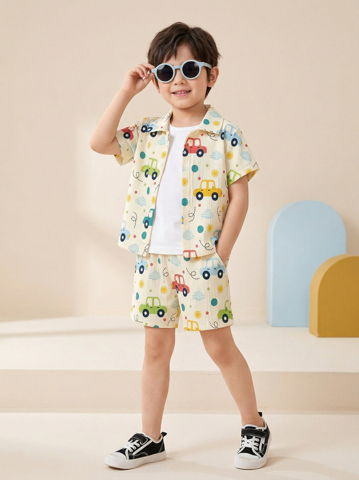 Boys Multi-Color Car Print Co-Ord Set – Cotton Shirt & Shorts Summer Outfit for Kids