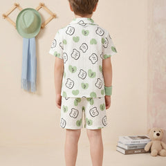 Boys White & Green Printed Co-Ord Set – Cotton Shirt & Shorts Summer Outfit for Kids