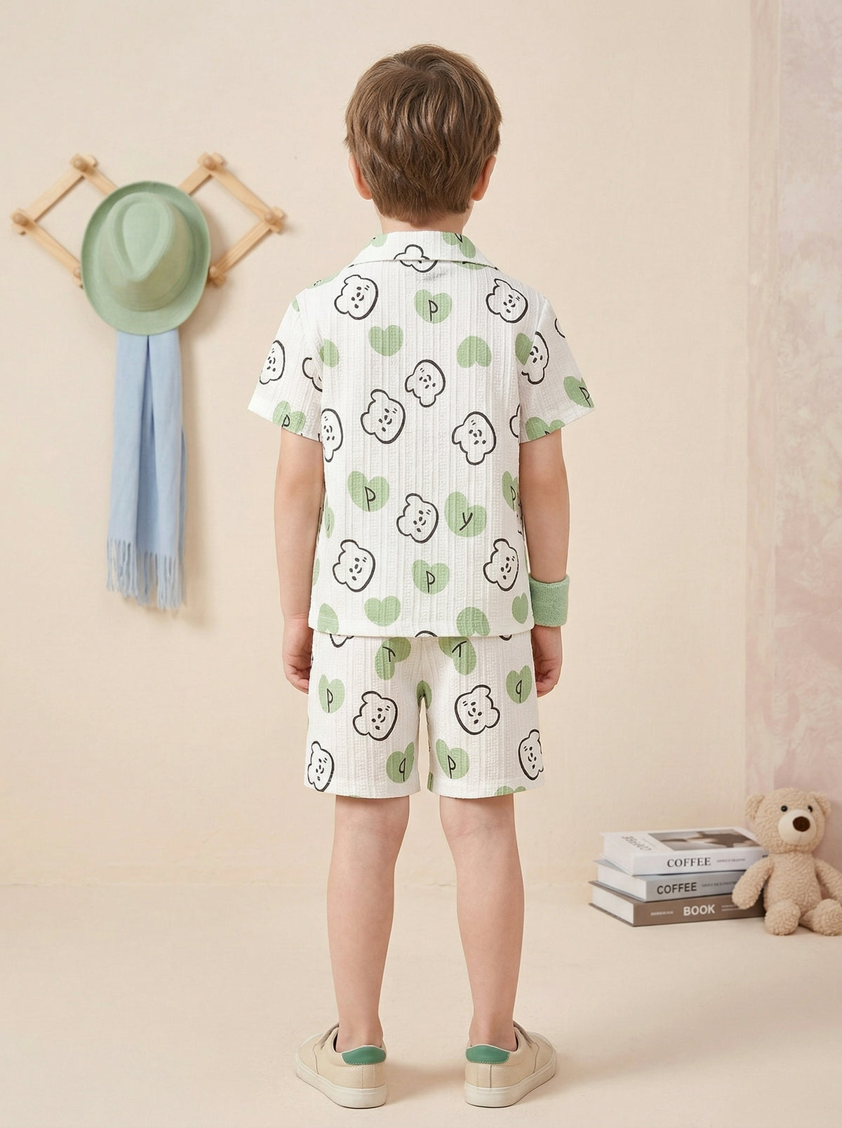 Boys White & Green Printed Co-Ord Set – Cotton Shirt & Shorts Summer Outfit for Kids