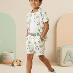 Boys White & Green Printed Co-Ord Set – Cotton Shirt & Shorts Summer Outfit for Kids