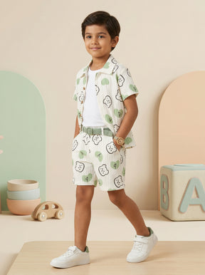 Boys White & Green Printed Co-Ord Set – Cotton Shirt & Shorts Summer Outfit for Kids