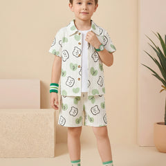 Boys White & Green Printed Co-Ord Set – Cotton Shirt & Shorts Summer Outfit for Kids