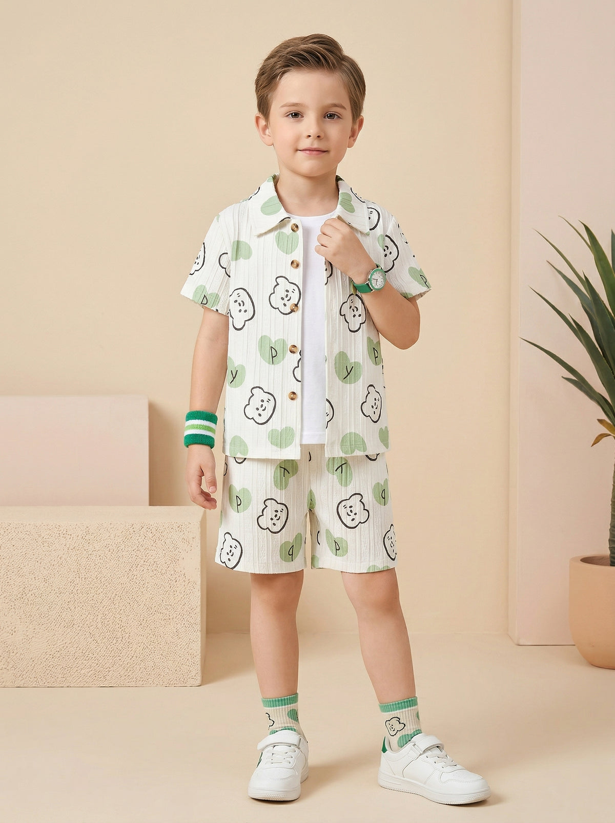 Boys White & Green Printed Co-Ord Set – Cotton Shirt & Shorts Summer Outfit for Kids