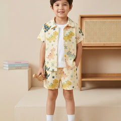 Boys Yellow Dinosaur Print Co-Ord Set – Cotton Shirt & Shorts Summer Outfit for Kids