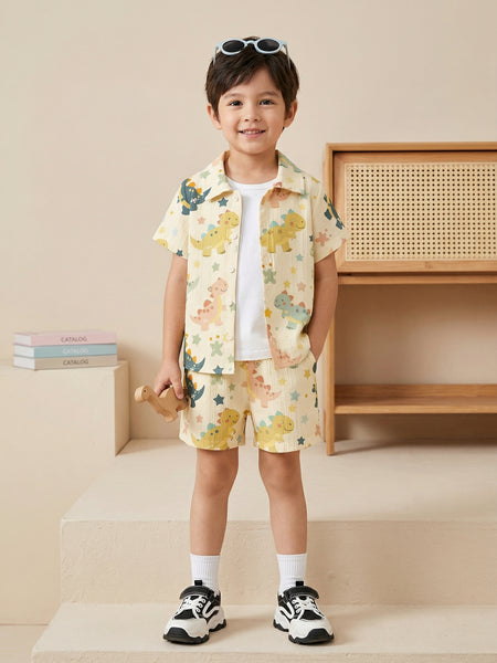 Boys Yellow Dinosaur Print Co-Ord Set – Cotton Shirt & Shorts Summer Outfit for Kids