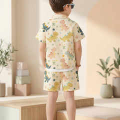Boys Yellow Dinosaur Print Co-Ord Set – Cotton Shirt & Shorts Summer Outfit for Kids