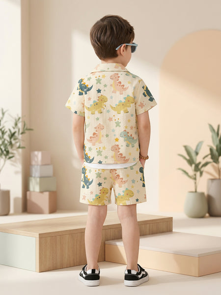 Boys Yellow Dinosaur Print Co-Ord Set – Cotton Shirt & Shorts Summer Outfit for Kids