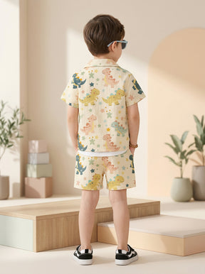 Boys Yellow Dinosaur Print Co-Ord Set – Cotton Shirt & Shorts Summer Outfit for Kids