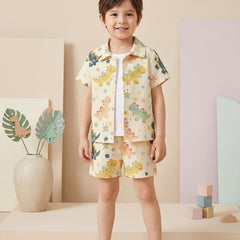 Boys Yellow Dinosaur Print Co-Ord Set – Cotton Shirt & Shorts Summer Outfit for Kids