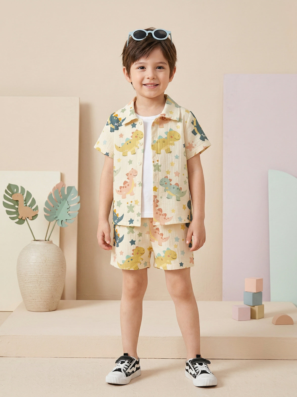 Boys Yellow Dinosaur Print Co-Ord Set – Cotton Shirt & Shorts Summer Outfit for Kids