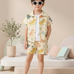 Boys Yellow Dinosaur Print Co-Ord Set – Cotton Shirt & Shorts Summer Outfit for Kids