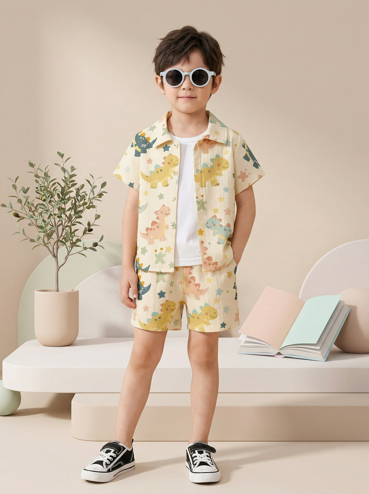 Boys Yellow Dinosaur Print Co-Ord Set – Cotton Shirt & Shorts Summer Outfit for Kids