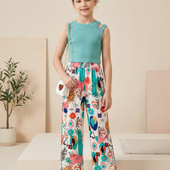 Girls Teal Sleeveless Top & Multicolor Printed Wide Leg Pants Set