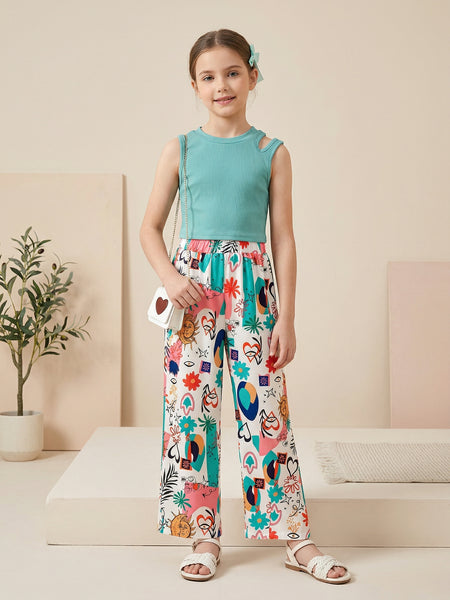 Girls Teal Sleeveless Top & Multicolor Printed Wide Leg Pants Set