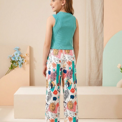 Girls Teal Sleeveless Top & Multicolor Printed Wide Leg Pants Set