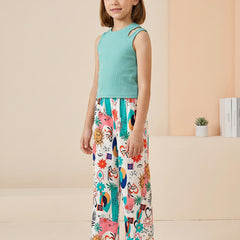 Girls Teal Sleeveless Top & Multicolor Printed Wide Leg Pants Set